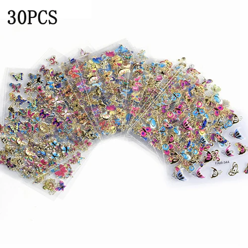 NL27-30pcs 30 листов, 3D наклейки для ногтей, случайный цвет, черный/белый/синий/красный цвет, тематическая серия бабочек, стереоскопические наклейки для ногтей, украшения - Цвет: NL27-30pcs