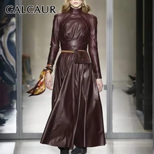 GALCAUR женское платье из искусственной кожи со стоячим воротником и длинным рукавом, с высокой талией, на шнуровке, женские осенние платья больших размеров, новинка