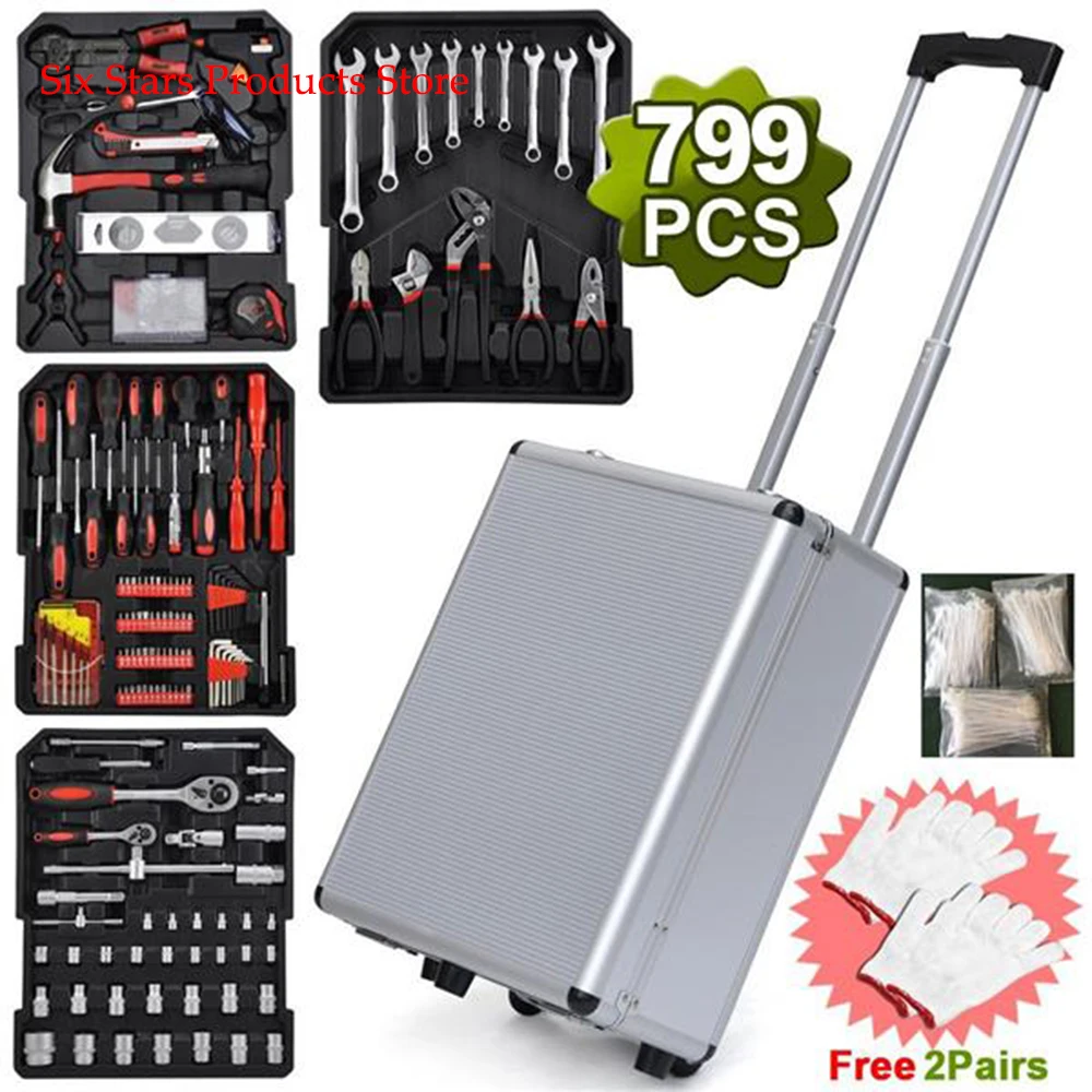 

US Shipping 799pcs Aluminum Trolley Case Tool Set Silver Adjustable Wrench Pliers Socket Inserts Magnetic Screwdrivers Pressure