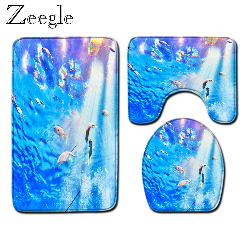 Zeegle 3D Ocean World Printed Bathroom Carpet Set Washable Toilet Cover Mat Anti-slip Bathroom Shower Mat Toilet Cover Seat Mat