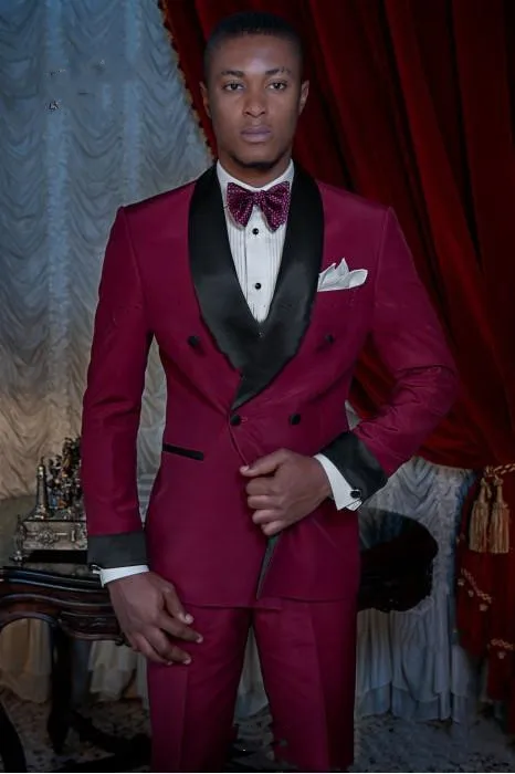 

Burgundy Groom Tuxedos Double-Breasted Men Wedding Tuxedos Shawl Lapel Jacket Blazer Fashion Men Dinner(Jacket+Pants+vest) terno