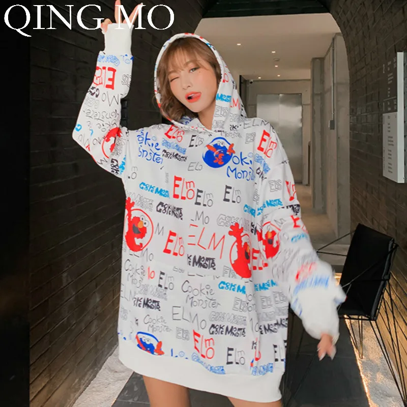 QING MO Женская толстовка с капюшоном и буквенным принтом, Женская белая офисная стильная толстовка размера плюс, свободная толстовка ZQY1392