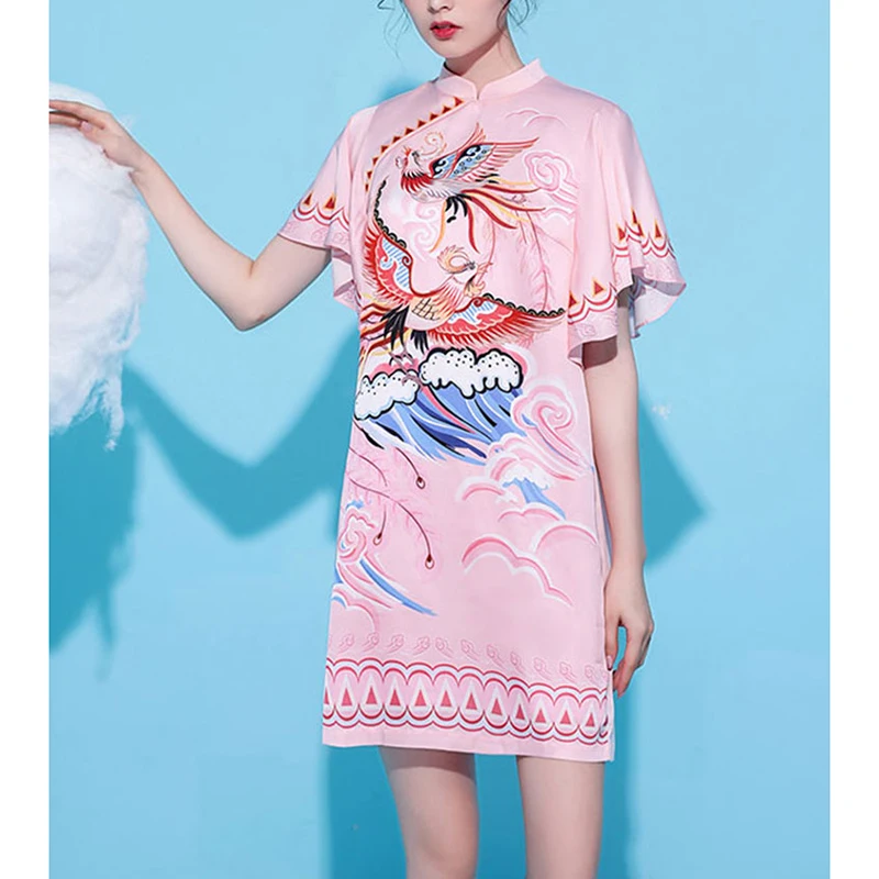 PERHAPS U pink Phoenix bird print mandarin collar ruffle sleeve short sleeve mini dress zipper summer D1893