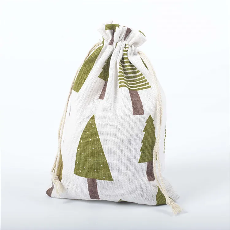 White Green tree 50 шт., 10*14 см, мультяшная сумка на шнурке, с принтом, хлопок, лен, пачка, карман, мешочка из мешковины для конфет, ювелирных изделий, орехов, печенья, вечерние сумки, сувениры - Цвет: White Green tree