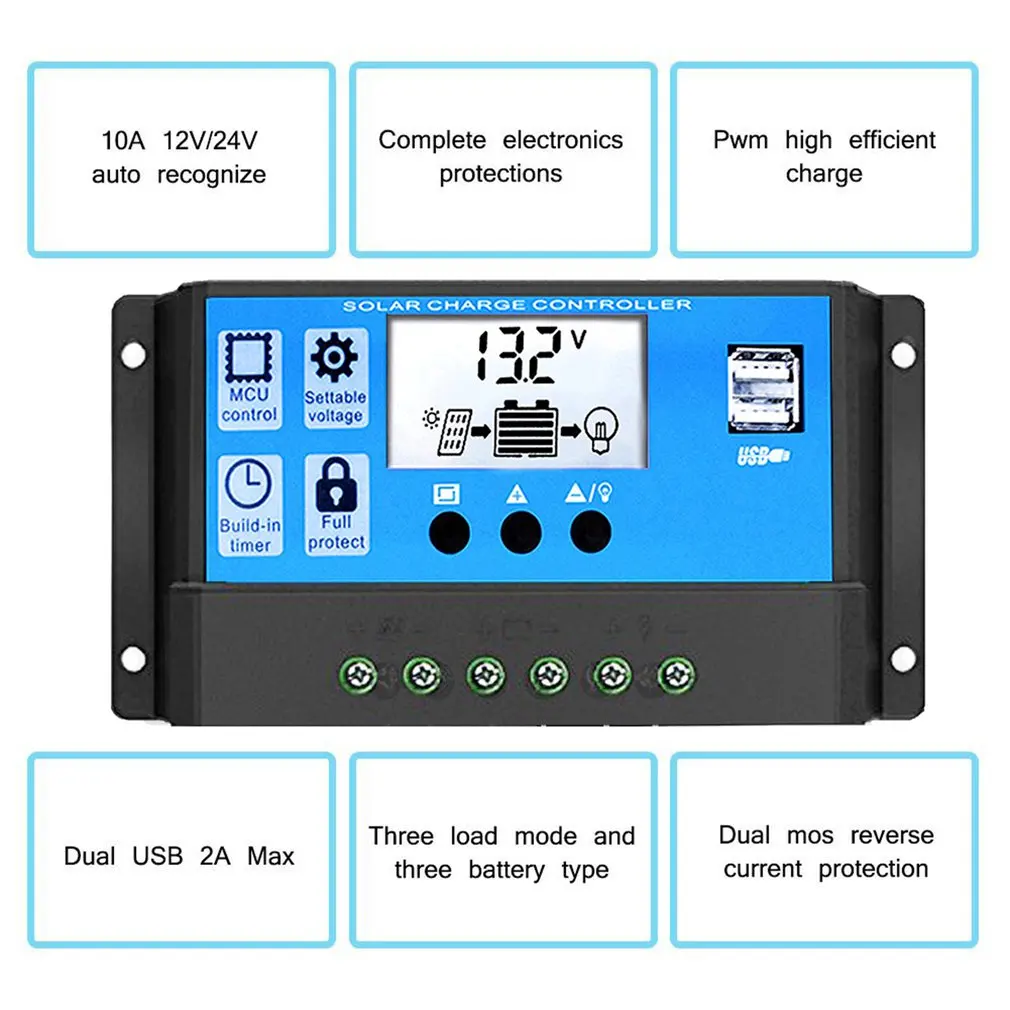 PWM 60A 50A 40A 30A 20A 10A Солнечный контроллер заряда и разряда 12V 24V Авто ЖК-дисплей солнечный регулятор с двумя USB 5V
