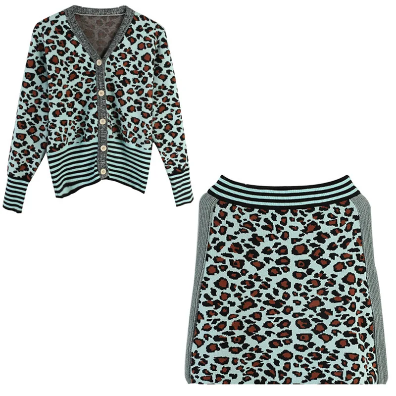 

2019 V Neck Leopard Print Long Sleeve Cardigan Slim Hip Skirt Women Autumn Knitting Suit