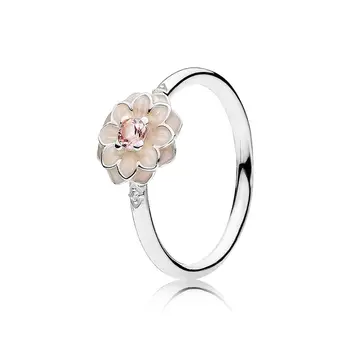 

European Style 925 Sterling Silver Blooming Dahlia Ring Cream Enamel For Women Fashion Party pink Crystal Ring DIY Jewelry Gift