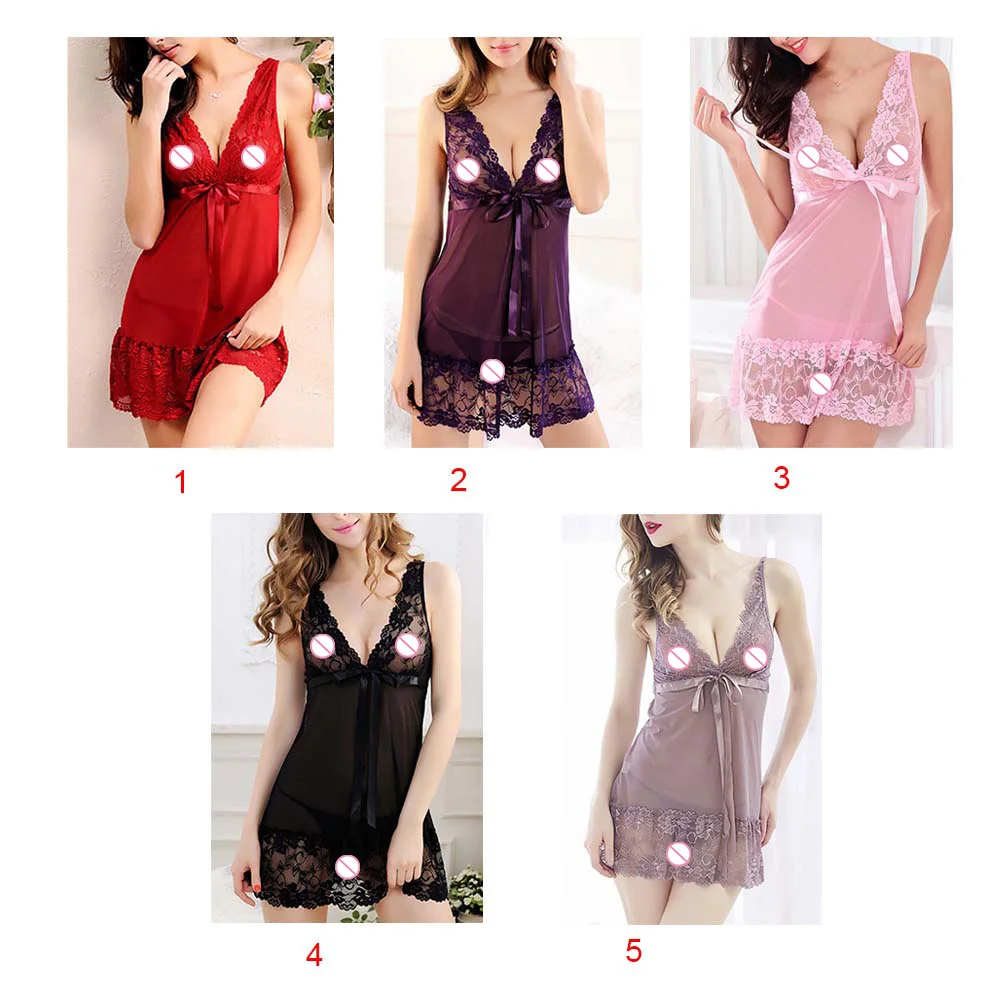 Женское белье размера плюс с стринги с v-образным вырезом Babydoll Ladies Lace Robe ночное белье Ночная рубашка