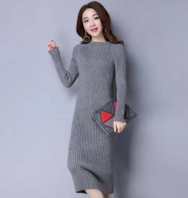 winter sweater dress long pure color Women Dresses pink red Elegant soft Knitted Sweater Dress Bodycon Slim Midi Vestidos gray