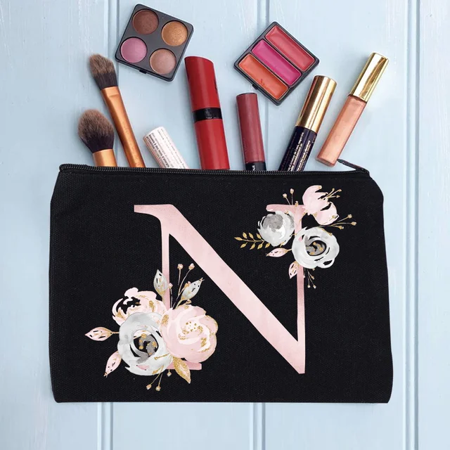 Women's Cosmetic Makeup Bags Female Organizer Pink Flower 26 Letters School Pencil Cases Carrying Bag for Coin Purse pink flower N
