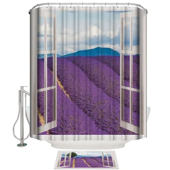 

Creative Window View Of Lavender Fields Shower Curtain Set Waterproof Fabric