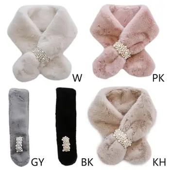 

Korean Womens Winter Thicken Fluffy Plush Cross Collar Scarf Jewelry Imitation Pearl Buckle Solid Color Wrap Around Neck Warmer