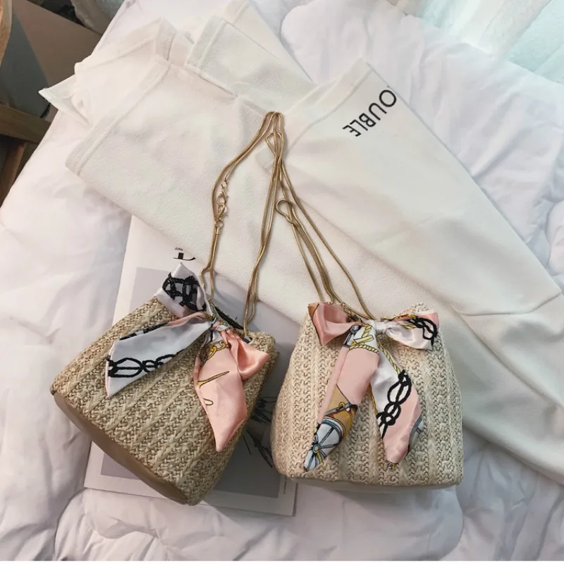 

Ribbon bow straw-woven beach bag bucket woven lady-type shoulder slant span bag Summer Rattan Bag Handmade Woven Beach bolsa