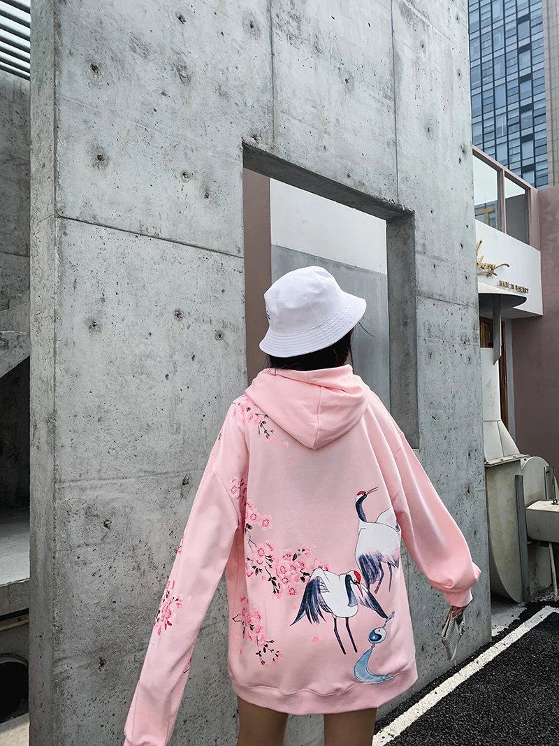 Dropshipping Chinese Style Flower Crane Printing Male Female Autumn Winter Hooded Sweatshirt Fashion Cotton Couple Hoodies