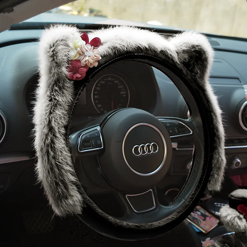 Черный кот замша плюш для салона автомобиля рулевое покрытие зеркало заднего вида крышка сиденья обивка ремней подголовник автомобиля ручные тормоза ручки - Название цвета: Steering Cover