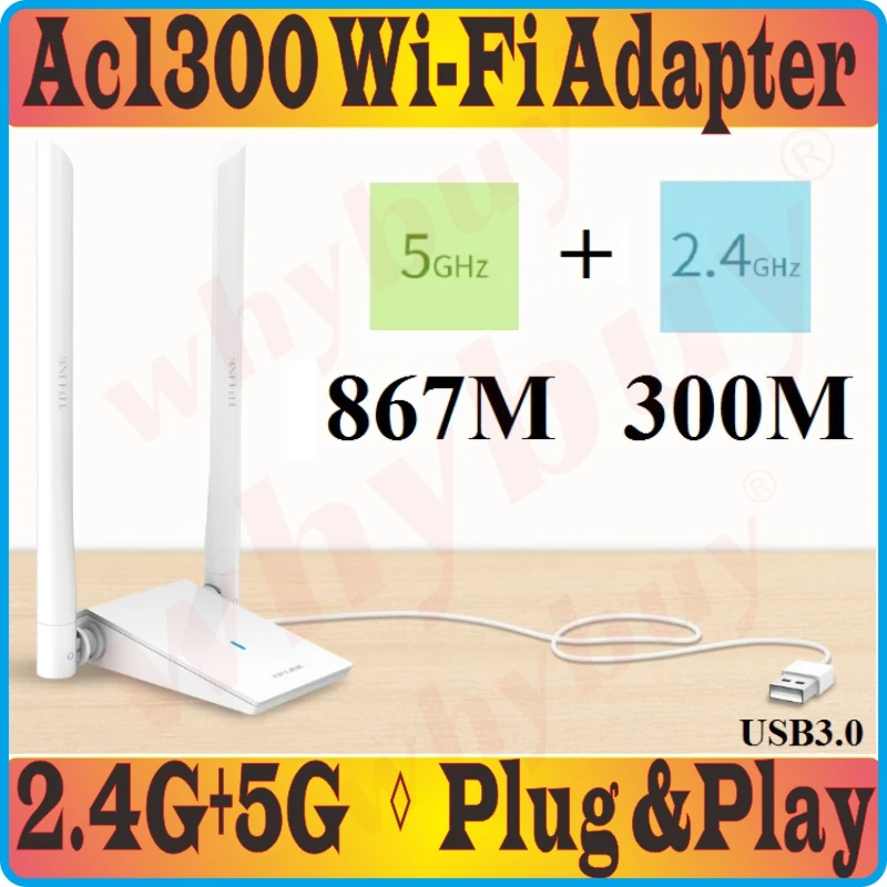 5dBi Ext/ Antennas Plug&ampPlay AC1300 Wireless Network Card 11AC 1267Mbps Dual Band USB3.0 WiFi Adapter 2.4G 300Mbps 5G 867Mbps |