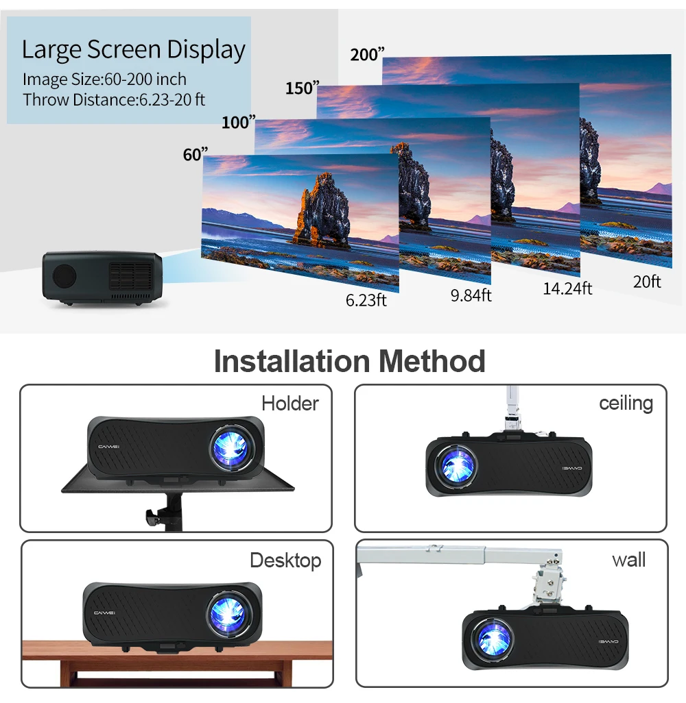 CAIWEI A12 Full HD Домашний кинотеатр Android 6,0 Bluetooth 1920*1080P lcd 4k WiFiProjector с соотношением 10000:1 Led кинотеатр смартфон