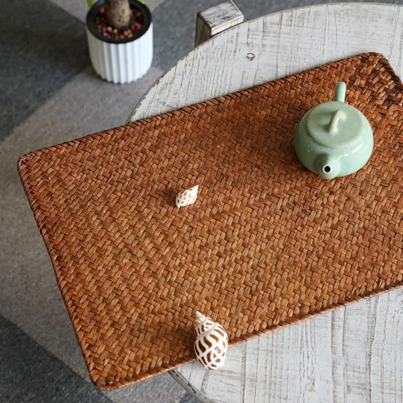 Tseaweed Handmade Straw Placemat Retro Coffee Table Mat Square Tea Mat