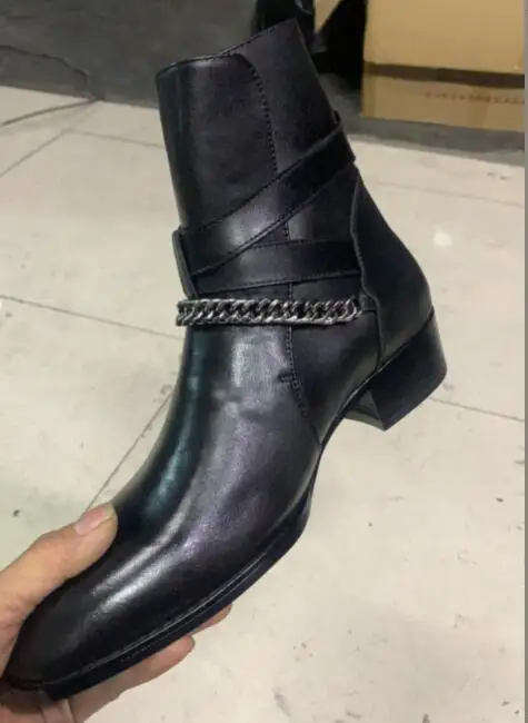 

Sliver Chains Ankle Strap Men Chelsea Ankle Boots Genuine leather Boot 3cm heels Zipper Heel Boots designer footwear Fashion