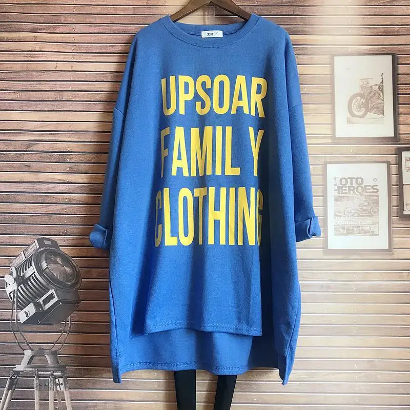 Women's 2021 Autumn Winter New Plus Size Pullover Loose Slim Mid Length Thick Casual Irregular Long Sleeved Letter T Shirt