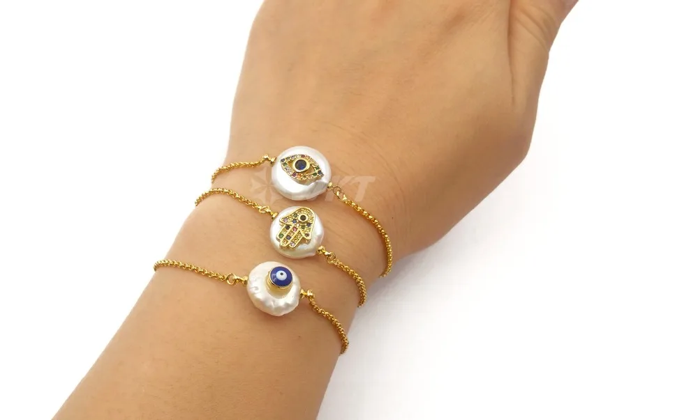 WT-MB111 WKT натуральный жемчуг и CZ Pave Evil Eye и Хамса рука форма золотой браслет Женская мода Шарм браслет ювелирные изделия