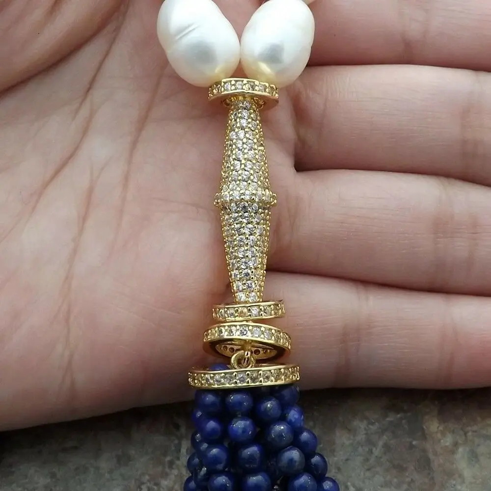 M011803 3" белый жемчуг в форме риса Lapis кисточкой ожерелье