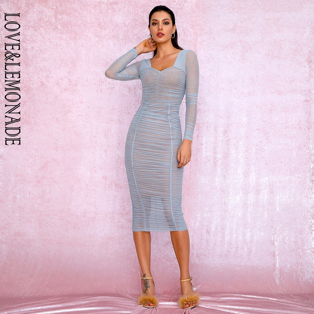 Женское платье из эластичной сетки LOVE &amp LEMONADE голубое вечернее выше колена с