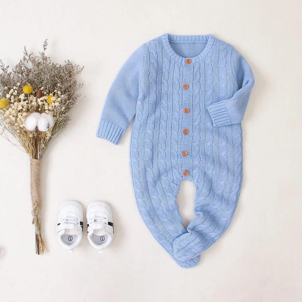 Зимний свитер для новорожденных мальчиков и девочек; Вязаный комбинезон; теплая одежда; Однотонный однобортный комбинезон с длинными рукавами