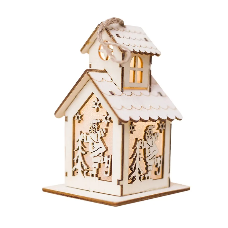 Pop Christmas Tree Wooden Lighted Cabin House Xmas Tree LED Light Hanging Wooden Ornaments Holiday Decoration Christmas Pendants