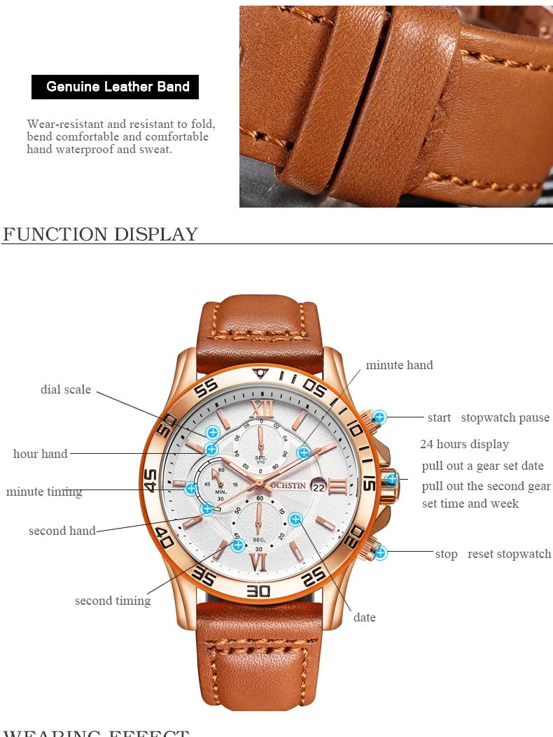 reloj hombre OCHSTIN Rose Gold Luxury watch Automatic Calendar business men watch in Casual sport leather band quartz watch men