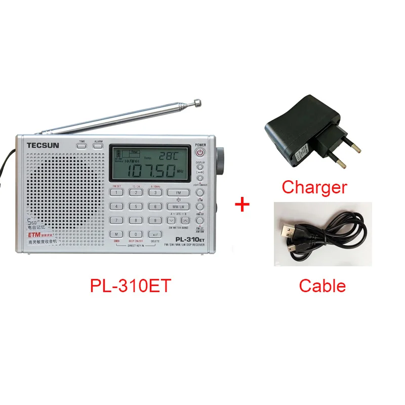 TECSUN PL-310ET мир полный диапазон коротковолнового радио FM AM MW SW LW приемник DSP цифровая Демодуляция стерео радио VS Degen DE13 - Цвет: Sliver and charger