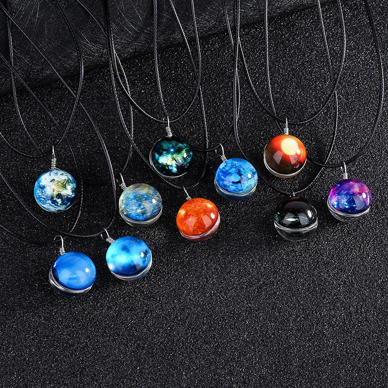 

Personality Double Sided Galaxy Universe Glass Ball Star Pendant Necklace Handmade Charm Time Gem Planet Jewelry for Men Women