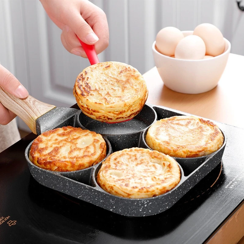 E8BD 4 Holes Egg Frying Pan Breakfast Burger Steak Non Stick Cooker
