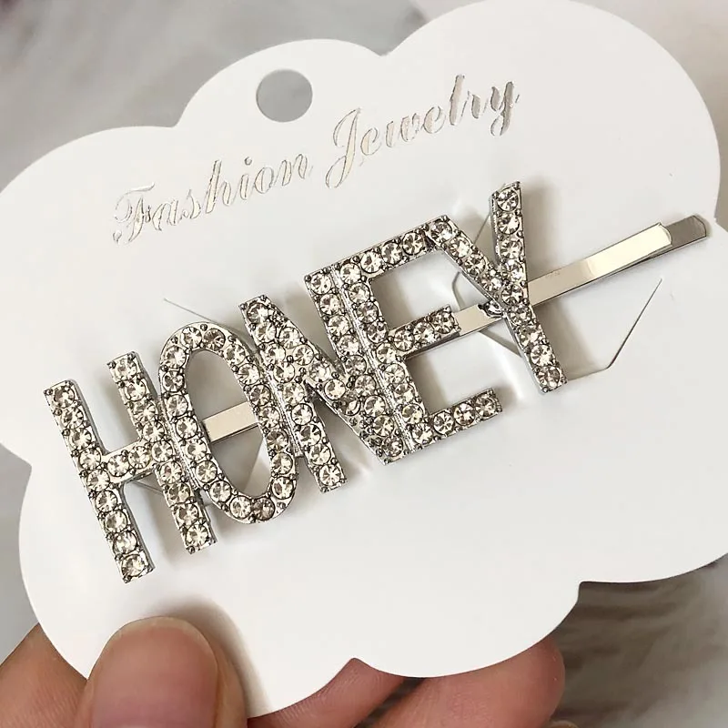 HONEY Silver 1 шт., заколки для волос с кристаллами и буквами, стразы, заколки для волос, заколки для волос, инструменты для укладки волос, аксессуары, ювелирный подарок - Цвет: HONEY Silver