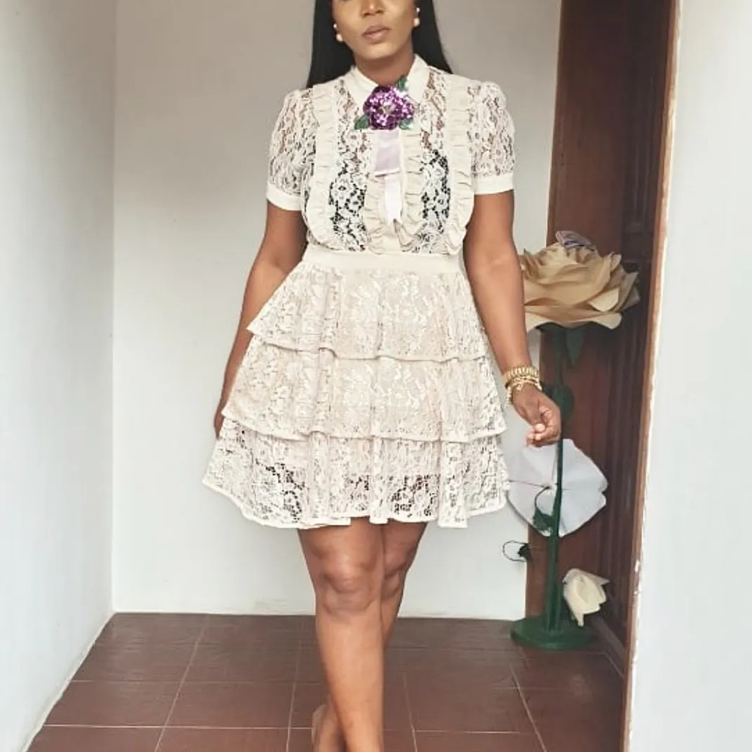 

African Women's Fashion Lace Mini Dress Short Sleeve Cake Dresses Turn-Down Collar Elegant Solid Empire Dress