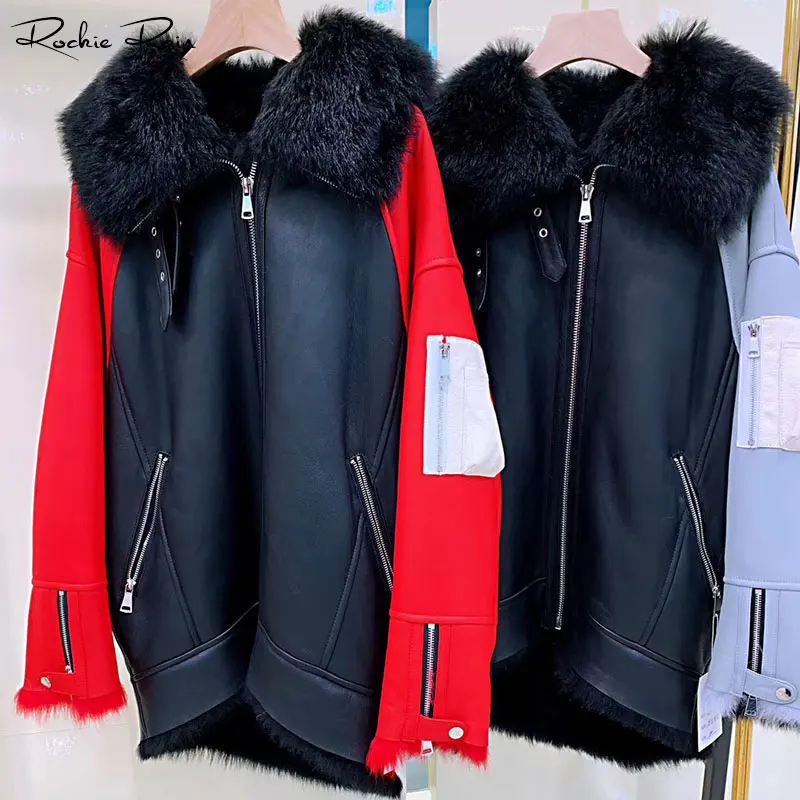 

Women Genuine Sheep Leather Shearling Jacket Lady's Fashion Long Sleeve Real Fur Coat Fall Winter Warm Overcoat