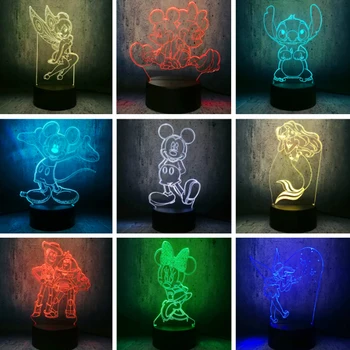 

New 2020 3D LED Lamp Mickey Minnie Mouse Mermaid Tinker bell Buzz Stitch 7 Colors Change Night Light Room Decor Gift