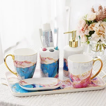

European Luxury Ceramic Bathroom Set With Tray 5/6pcs Washroom Supplies Toothbrush Cup Holder Soap Dish Bottle