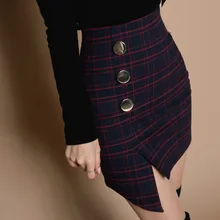 Новая Осенняя Женская юбка модная шикарная клетчатая юбка винтажный женский красный ассиметричный, с высокой талией пакет ягодицы короткая юбка