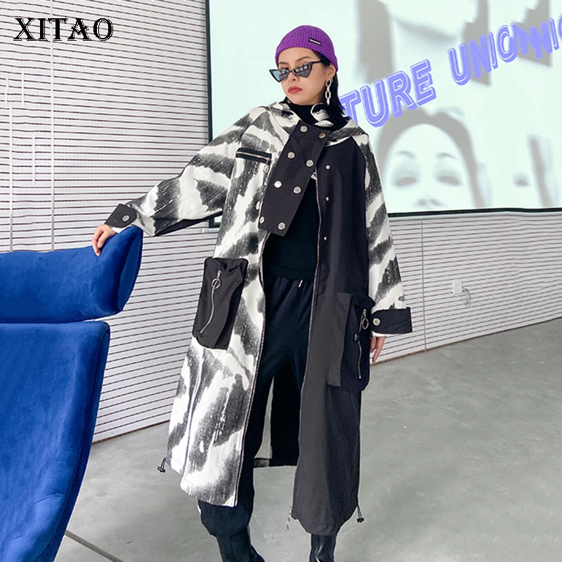 XITAO Print Patchwork Trench Women Loose Fashion