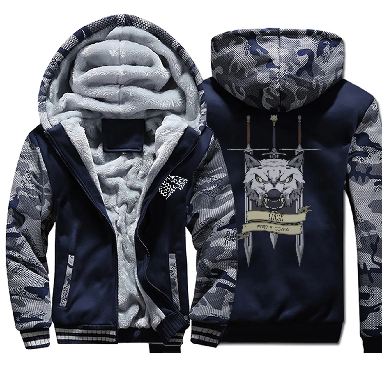 Dark Blue 6 Мужское пальто с изображением Игры престолов, Мужское пальто с изображением волка, Толстая куртка с капюшоном, зимние теплые толстовки, Повседневная Уличная одежда - Цвет: Dark Blue 6