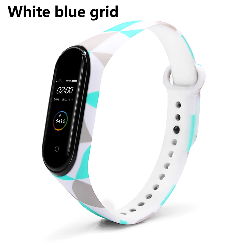 White blue grid BOORUI mi band 3/4 цветочный ремешок mi band 3 4 аксессуары сменный силиконовый разнообразный ремешок для xiaomi mi 3 4 смарт-браслеты - Цвет: White blue grid