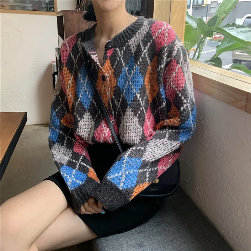 RUGOD корейский стиль Короткие кардиганы для женщин Мода красочные Argyle с длинным рукавом вязаный свитер кардиганы Женская мягкая теплая одежда
