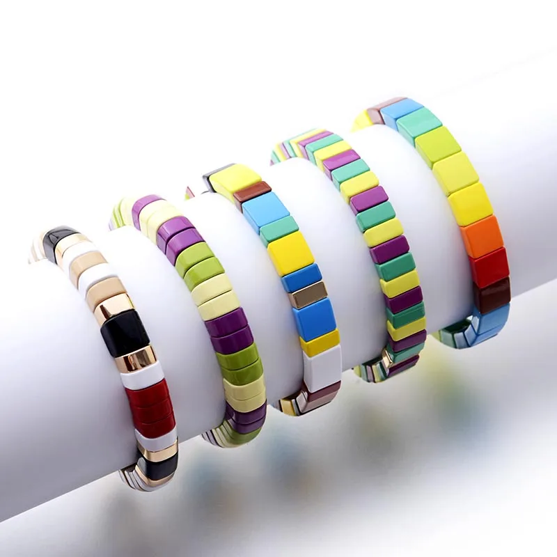 

Fashion Women Painted Metal Cuff Bangle Jewelry Stackable Stack Rainbow Colorful Elastic Stretch Enamel Bead Tile Bracelet