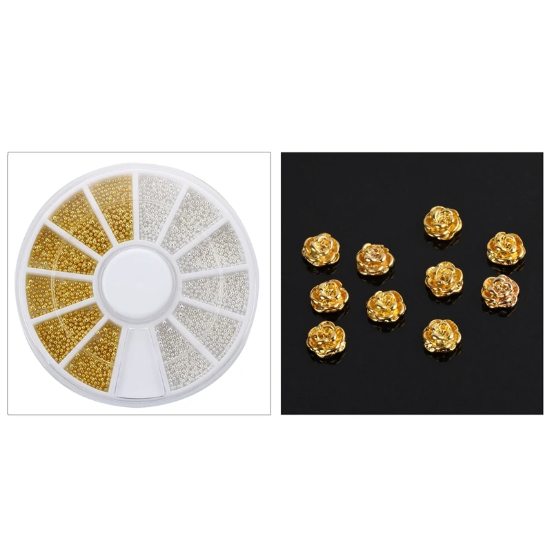 310 шт. художественные украшения сделай сам для ногтей: 300 шт. золотые наклейки для ногтей серебряный шар украшение из бисера+ колесо и 10 шт. Золотая Роза S