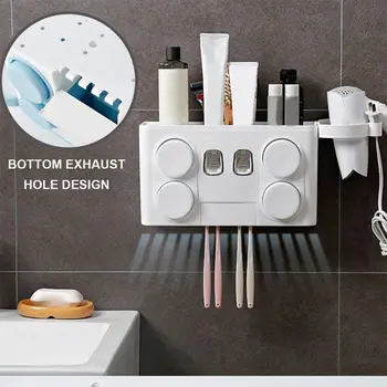 

Toothbrush Holder Multifunctional Wall-Mounted Space-Saving Toothbrush and Toothpaste Squeezer Kit with Dustproof Cover