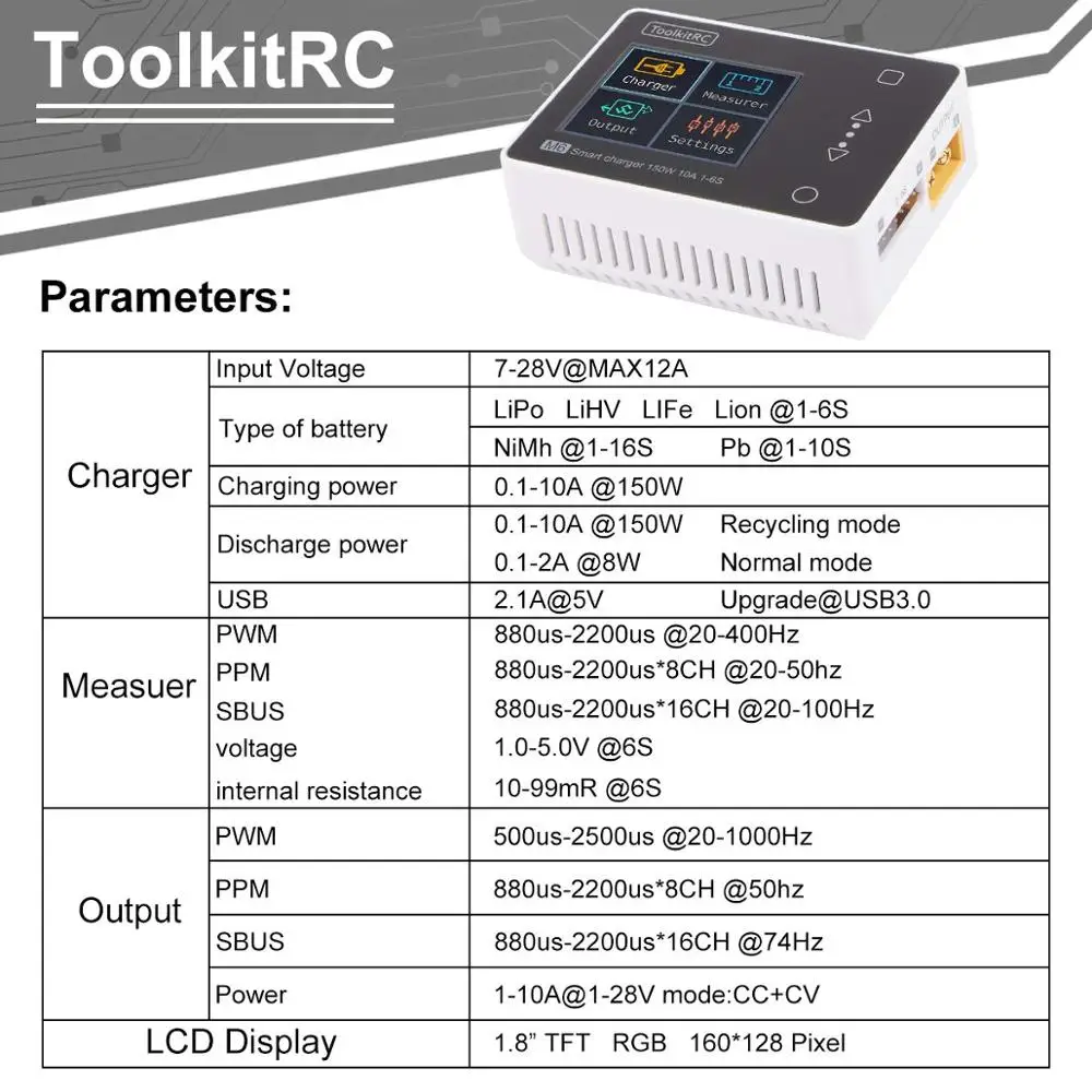 ToolkitRC M6 зарядное устройство для баланса батареи 150 Вт 10A DC Dis 1 6 S Lipo LiHV Life Lion NiMh Pb