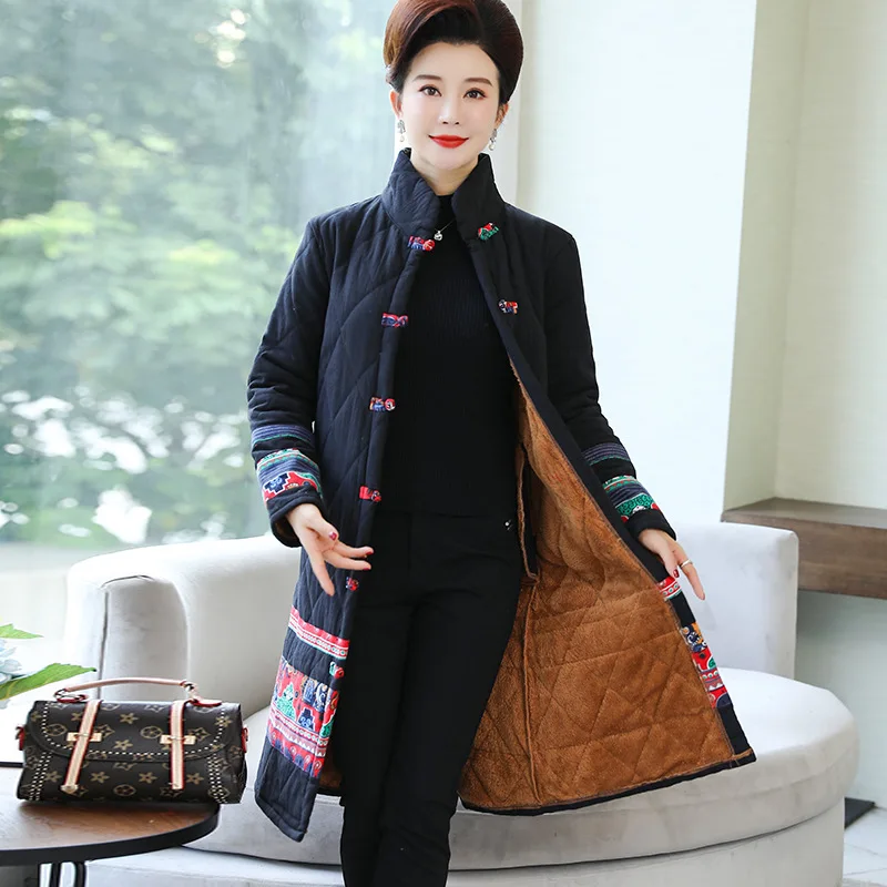 

2019 Autumn And Winter New Style Ethnic-Style Large Size Dress Cotton Linen Printing plus Velvet Padded Medium-length Cotton Ove
