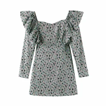 

Retro floral print mini dress Women long sleeve back zipper ruffles dress female vintage stylish dresses vestidos mujer