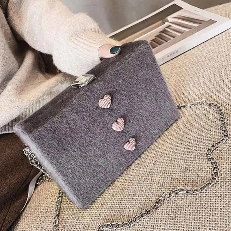 Серый MSGHER/женская сумка на плечо с плюшевой коробкой и сердечками, пояс с металлической цепочкой, винтажная Осенняя практичная сумка на застежке, милая шикарная сумка для девочек WB3234 - Цвет: Серый